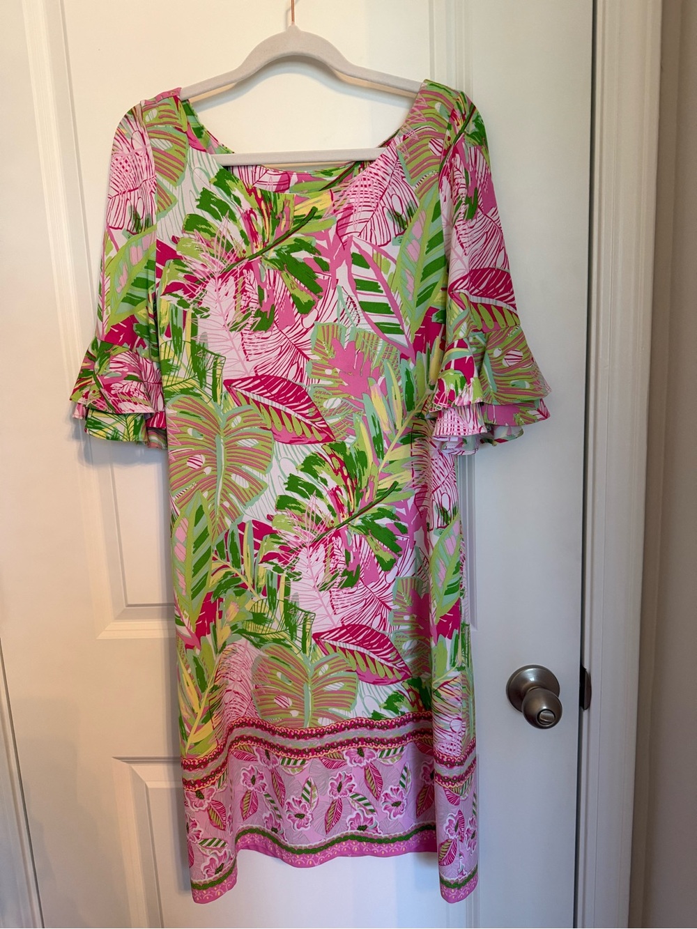 Pappagallo Pink and Green Botanical Ruffle Sleeve Dress
